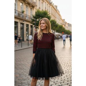 English Factory Black/Red Stripe Midi Sweater Dress With Tulle Skirt L